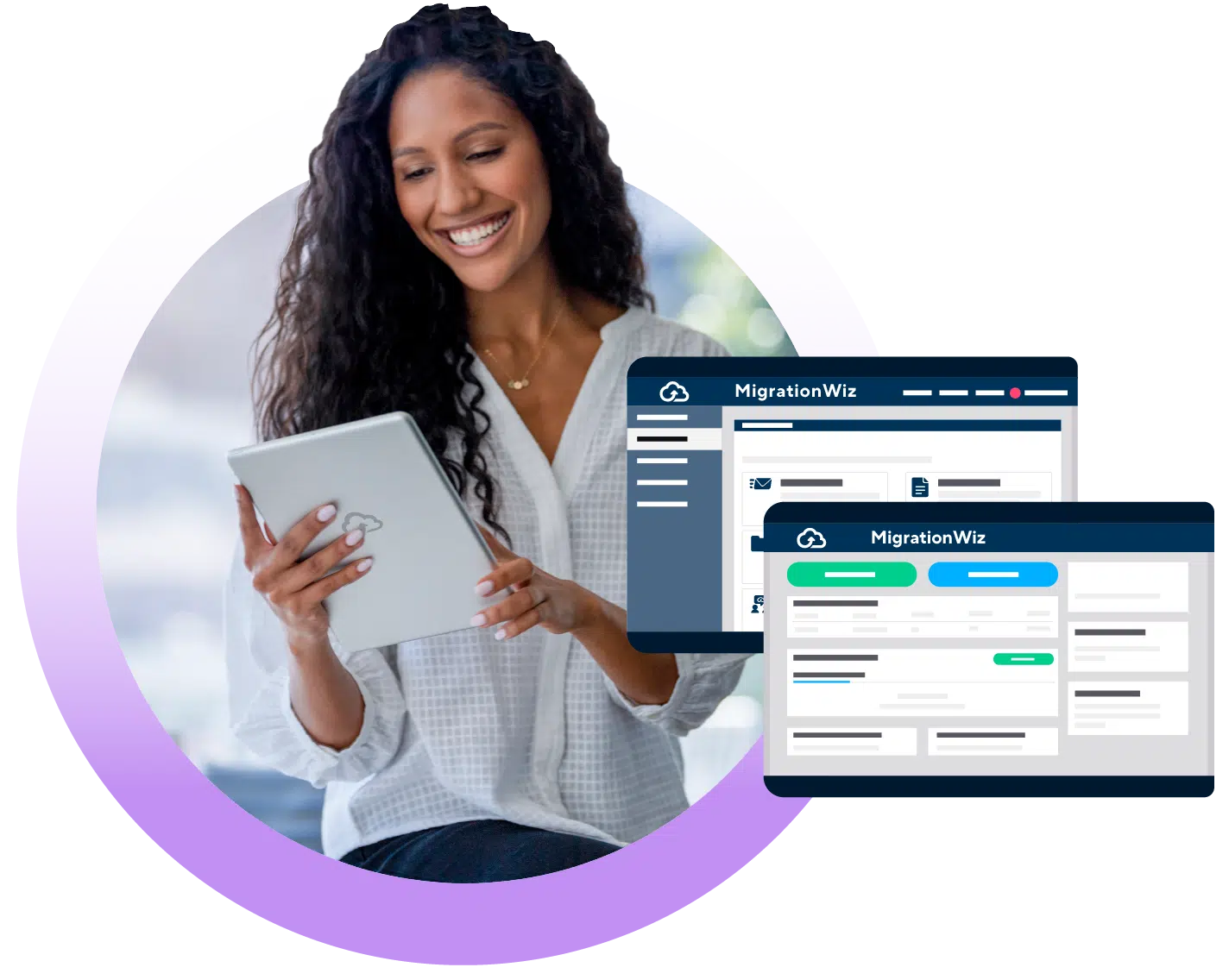 Woman on tablet accessing MigrationWiz dashboard